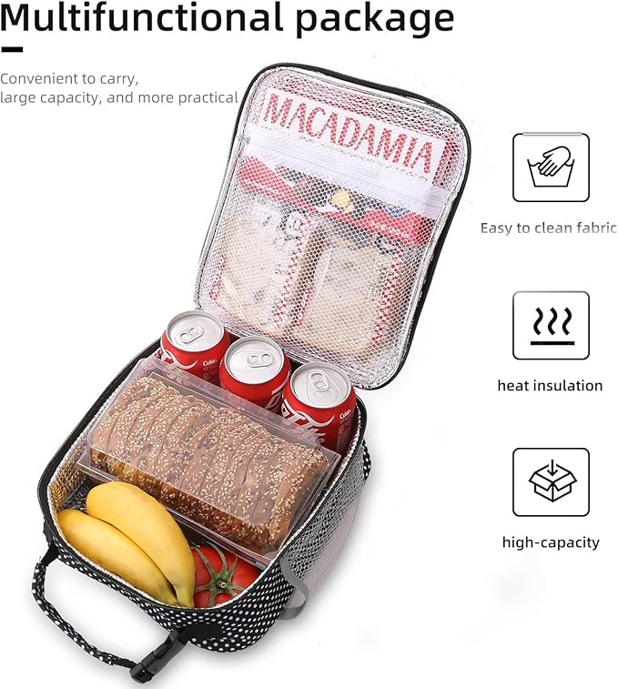 Lunch box Lunch bag for men women Insulated Lunchbox Lunch bags for Work Picnic Travel (Black polka dot)