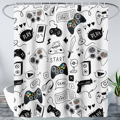 AILONEN Gamer Shower Curtain for Boys 72" W*78" H Black Gaming Video Game Bathroom Curtain,Teen Boys Bath Curtain Polyester Waterproof Retro Game Controller Bathroom Curtain with 12 Hooks