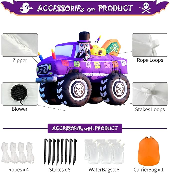 7FT Halloween Inflatable Blow Up Decorations, Dia de Los Muertos Day of Dead Catrina Skulls Monster Truck, Built-in LEDs for Holiday Party, Garden, Lawn, Yard, Patio Décor