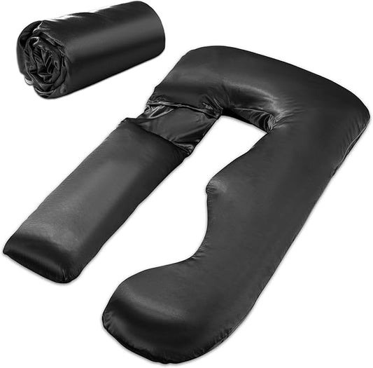 HOMBYS Silky Satin Pregnancy Pillow Cover (ONLY Pillowcase), Luxurious Smooth Maternity Pillow Cover, U Shaped Soft & Breathable Large Pillow Protector for Side Sleeper, 58.6" L x 30.9" W, Black