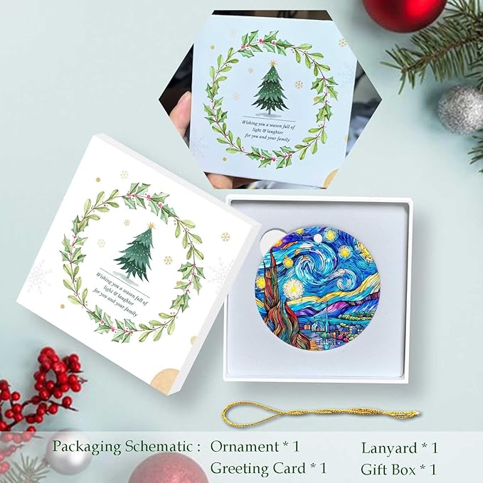 Starry Night Ornament Round Ceramic Ornament Xmas Keepsake for Christmas Tree Winter Holiday Xmas Gift for Women Men Xmas Hanging Ornament 3"