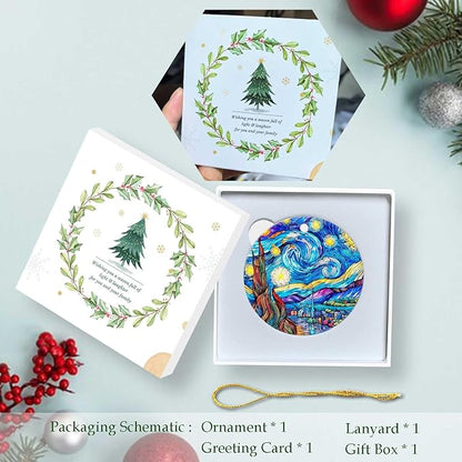 Starry Night Ornament Round Ceramic Ornament Xmas Keepsake for Christmas Tree Winter Holiday Xmas Gift for Women Men Xmas Hanging Ornament 3"