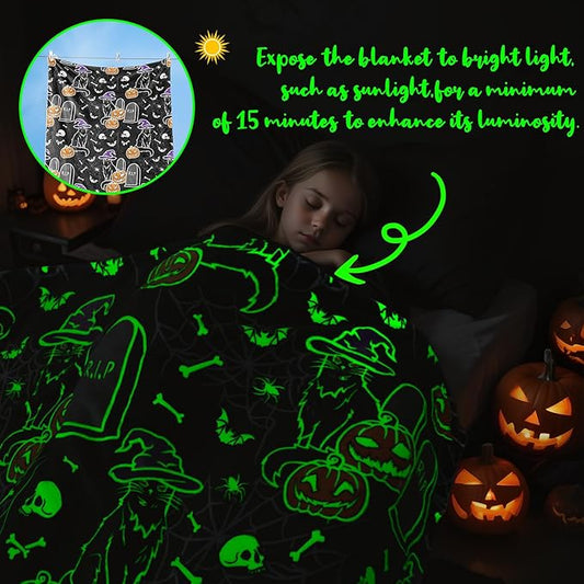 Halloween Throw Blankets Glow in The Dark Blanket Black Cat and Pumpkin Blanket Halloween Decorations Gifts for Women 60"x80"