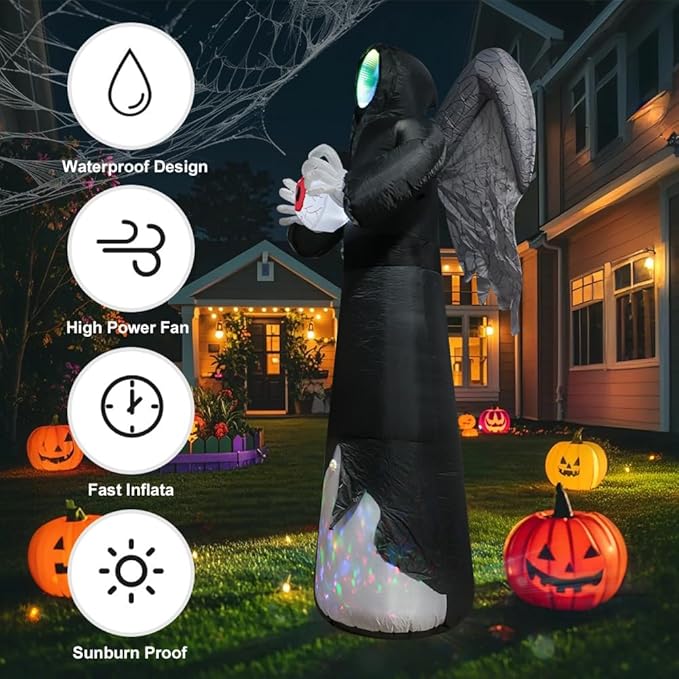 8FT Grim Reaper Halloween Inflatable Decorations Outdoor Scary Blow Up Yard Decor Built-in Scary Sound, with LED Lights, Large Spooky Inflatables for Lawn, Porch, Party, Graveyard