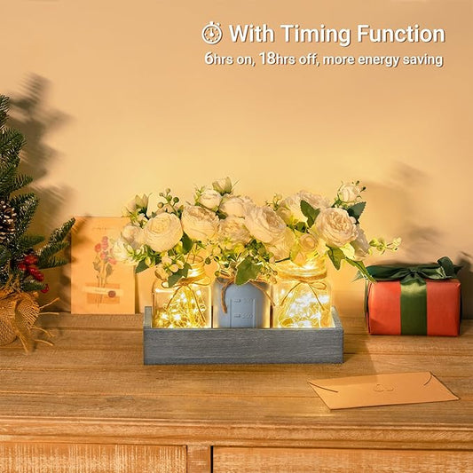 Mkono Mason Jar Lights Centerpiece Table Decor for Dining Room Farmhouse Wood Tray with 3 Jars Flowers Center Pieces Spring Decor for Coffee Table Kitchen Living Room, Grey Blue