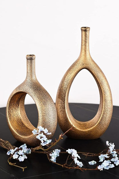 Vintage Gold Ceramic Vase Set 2,Modern Hollow Circle with Hole Flower Vase for Home Decor,for Table Centerpieces,Farmhouse,Fire Place,Living Room,Bedroom,Office,Bookshelf,Rustic Decor