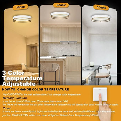 12.5 Inch LED Flush Mount Ceiling Light Fixture, 26W, Super Bright 1700 Lumens, 3 Color 3000K/4000K/5000K, Dimmable Ceiling Lamp for Bedroom Hallway Bathroom Kitchen Laundry (White Gold)
