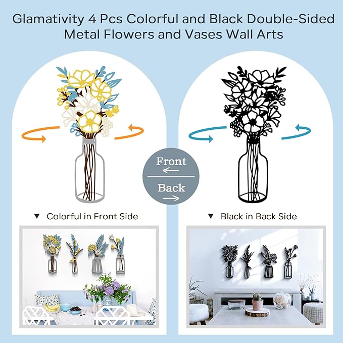Glamativity Large 4 Pcs Colorful and Black Double-Sided Metal Flowers and Vases Wall Arts, 22.5 x 12'' Minimalist Wall Décor, 3D Textured Sculptures, Floral Iron Wall Decorative