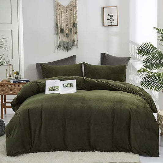 Cottonight Army Green Velvet Comforter Set King Olive Green Flannel Plush Bedding Set Fluffy Blanket Quilts Winter Warm 3 Piece Velvet Comforter Set for King Bed