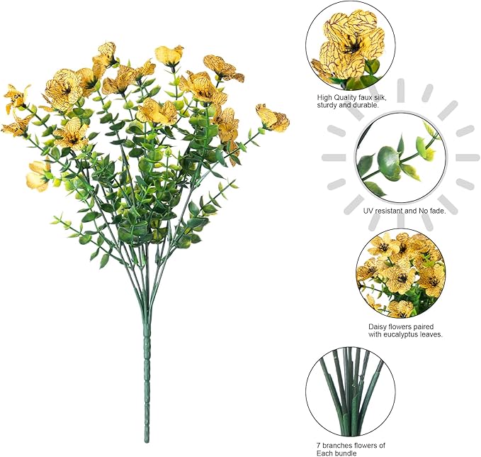 Artificial Silk Fall Mums Plants Flowers for Outdoor Outside Decoration, 12 Bundles Fake Faux Orange Yellow Daisy UV Resistant Realistic for Autumn Porch Patio Home Yard Planter