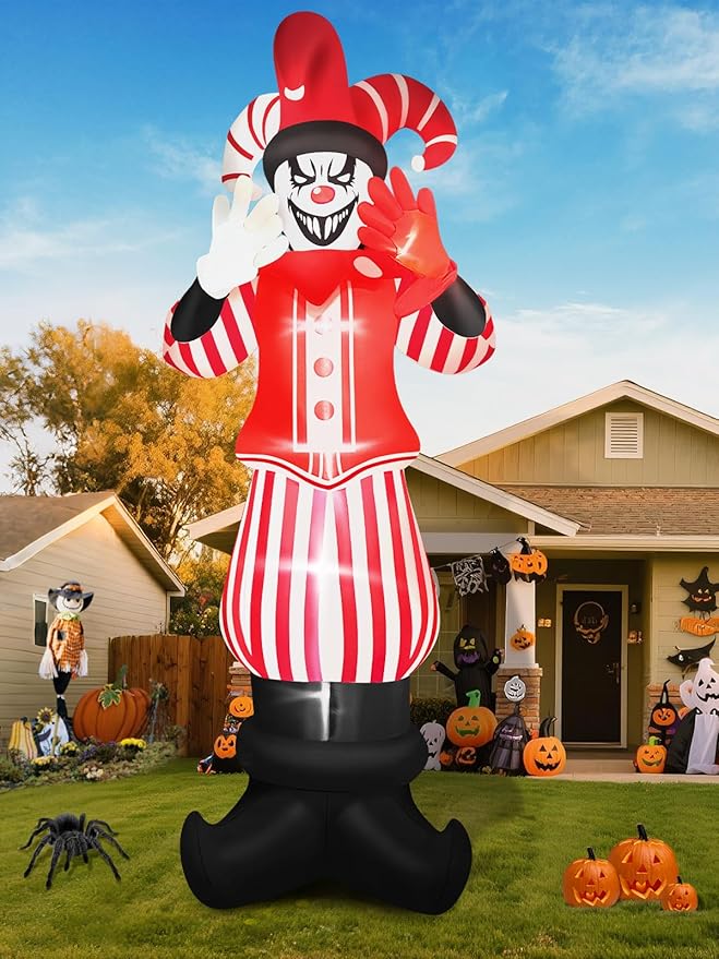 12FT Giant Halloween Inflatable Decoration, Kalolary Red Costume Scary Clown Blow Ups with Built-in LED Lights Large Huge Scary Clown Inflatable for Halloween Party Lawn Garden Outdoor Yard Decoration