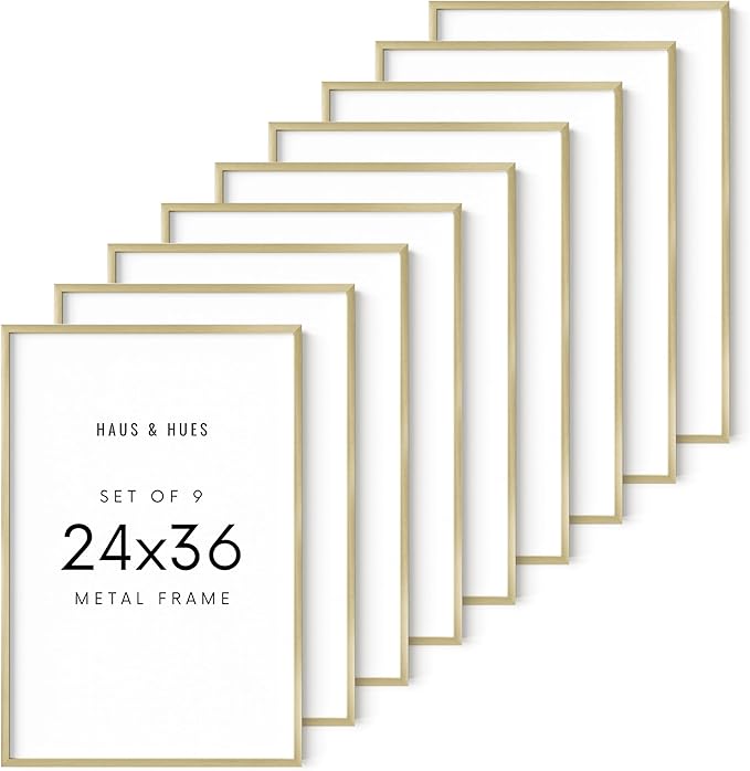 HAUS AND HUES 24x36 Gold Metal Picture Frames - Features Premium Aluminum, Vertical & Horizontal Hang, Shatterproof Plexiglass - Ideal for Home, Room, Office (24x36 in, Gold, Set of 9)