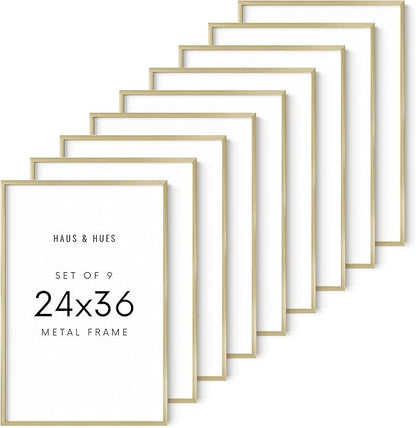 HAUS AND HUES 24x36 Gold Metal Picture Frames - Features Premium Aluminum, Vertical & Horizontal Hang, Shatterproof Plexiglass - Ideal for Home, Room, Office (24x36 in, Gold, Set of 9)