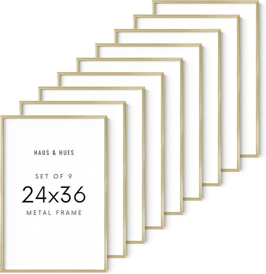 HAUS AND HUES 24x36 Gold Metal Picture Frames - Features Premium Aluminum, Vertical & Horizontal Hang, Shatterproof Plexiglass - Ideal for Home, Room, Office (24x36 in, Gold, Set of 9)
