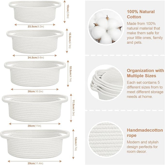Small Woven Basket with Handles, 5 Pack Cotton Rope Room Shelf Storage Basket for Organizing Small Round Basket Baby Nursery Bins, White (Off White)