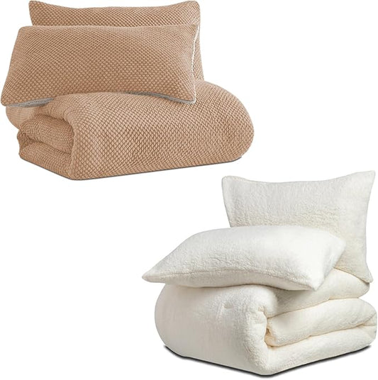3D Jacquard Sherpa Comforter Set (Beige, Queen Size 90"x90") and Reversible Sherpa Comforter Set (White, Twin Size 68"x90")