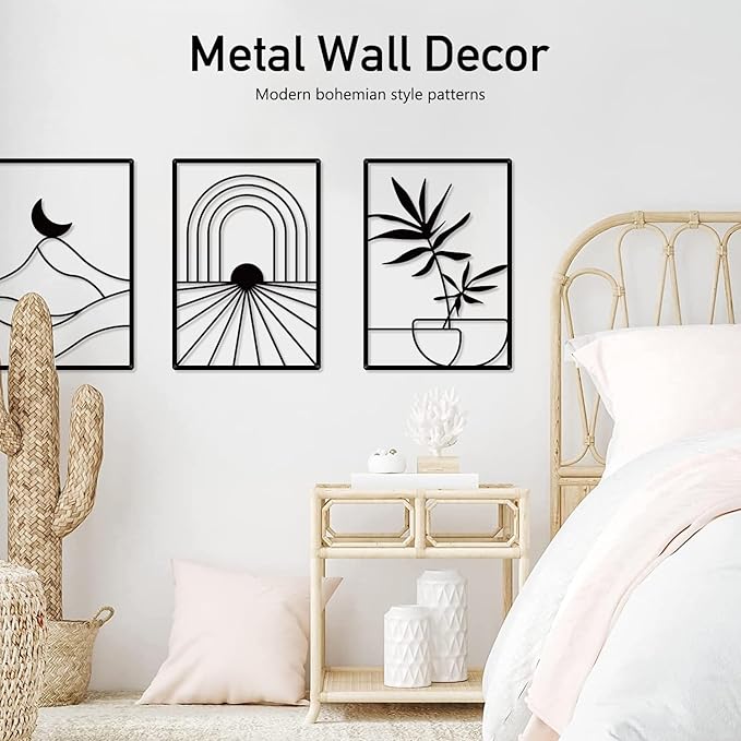 Sokurdeg Black Minimalist Metal Wall Decor, Bohemian Line Wall Decor, Modern Abstract Wall Art for Bedroom Bathroom Living Room (3 Pack, 12 x 17 in)