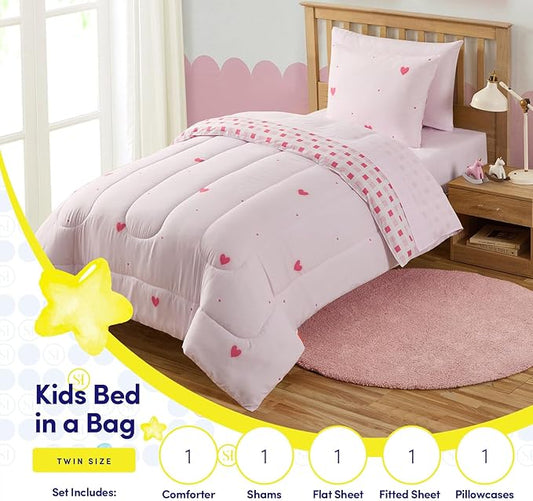 Heart Comforter Set Twin Size for Girls – Soft Pink Bed in a Bag with Sheets, Pillowcases & Shams – Cute Kids Bedding with Love Hearts Design – Cozy Microfiber for Child or Tween Bedroom Decor