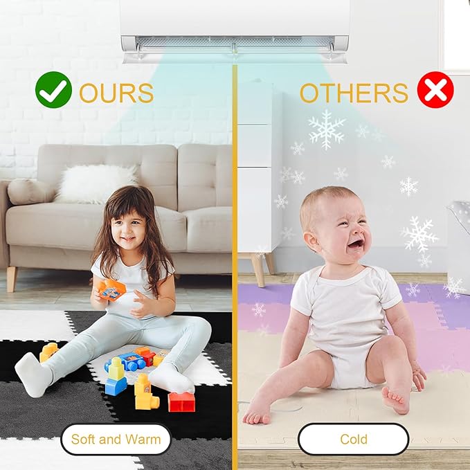 12 Pcs Plush Interlocking Carpet Tiles，Non-Toxic Foam Carpet Tiles for Toddler Baby，Machine-Washable，Anti-Slip，EVA Foam Interlocking Tiles for Floor, Nursery, Playroom，Grey White Black