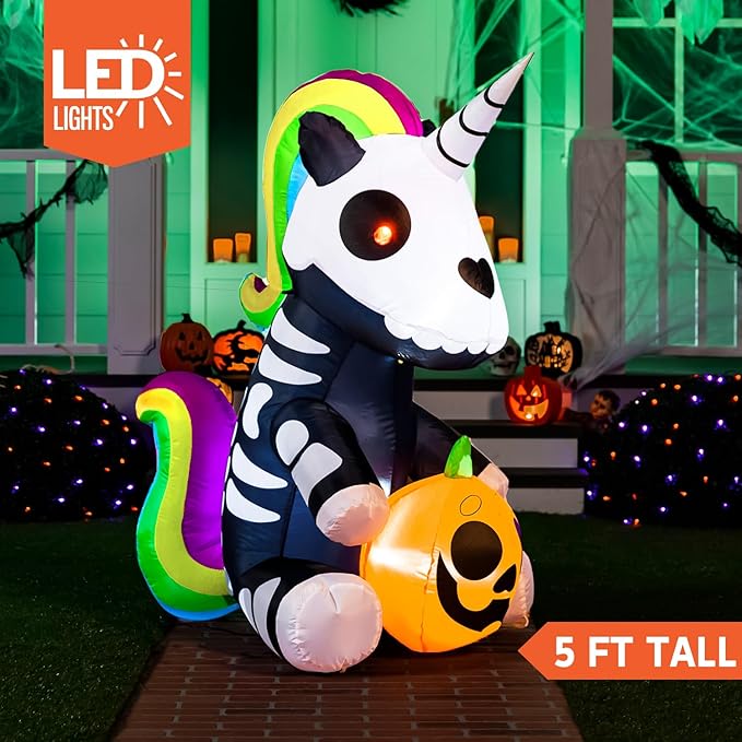 Joiedomi 5 FT Halloween Inflatables Skeleton Decor Outdoor, Blow Up Decorations Sitting Skeleton Unicorn with LEDs for Halloween Decorations Outside, Yard Decor
