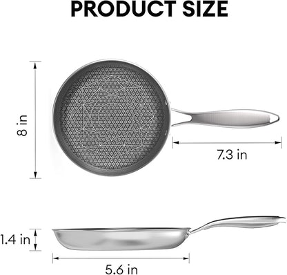 COOKING KING 8-Inch Stainless Steel Pan, Hybrid Nonstick Frying Pan, Skillet, 3-Ply Clad Cookware, Even Heat Distribution, Dishwasher & Oven Safe, with Stay-Cool Handle, Induction Compatible