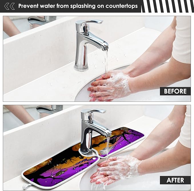 Happy Halloween Purple Faucet Sink Mat for Kitchen 2 Pack Spooky Ghost Pumpkin Bat Witch Bathroom Drying Mat Absorbent Splash Water Catcher Mats Microfiber Cloth Drip Protector Splash Pad 23x5 Inches