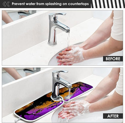 Happy Halloween Purple Faucet Sink Mat for Kitchen 2 Pack Spooky Ghost Pumpkin Bat Witch Bathroom Drying Mat Absorbent Splash Water Catcher Mats Microfiber Cloth Drip Protector Splash Pad 23x5 Inches