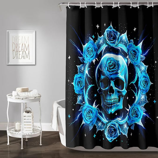 AILONEN Sugar Skull Shower Curtain for Bathroom,Blue Rose Flower Bath Curtain,Romantic Floral Skeleton Decor Bathroom Waterproof Curtain with 12 Plastic Hooks, 36" W*72" H