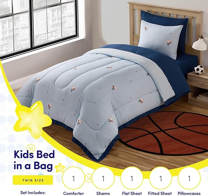 Basketball Comforter Set Twin Size – Bed in a Bag with Sheets, Pillowcases & Shams – Soft Stylish Sports Bedding – All Season Boy’s Basketball Bed Set