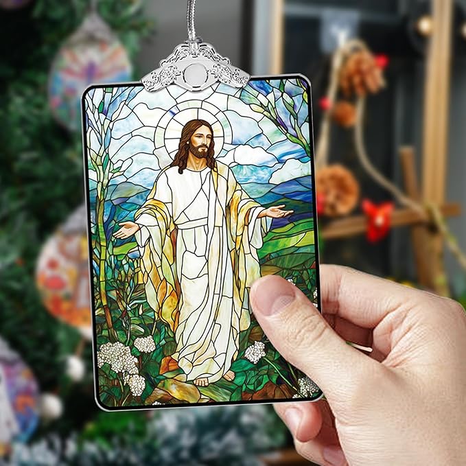 Jesus Stained Glass Ornament, 2025 Christmas Tree Hanging Decoration for Gift Exchange or Stocking Stuffer, Religious Holiday Decor, 3.8 x 2.4 Inch