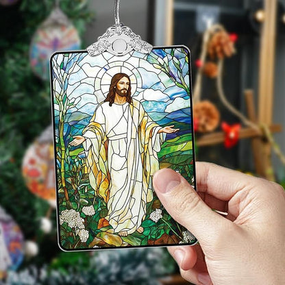 Jesus Stained Glass Ornament, 2025 Christmas Tree Hanging Decoration for Gift Exchange or Stocking Stuffer, Religious Holiday Decor, 3.8 x 2.4 Inch