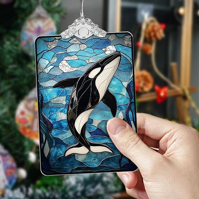 Orca Whale Stained Glass 2025 Christmas Ornament, Ocean-Themed Christmas Tree Hanging Decoration for Coastal Holiday Decor or Gift Exchange, 3.8 x 2.4 Inch