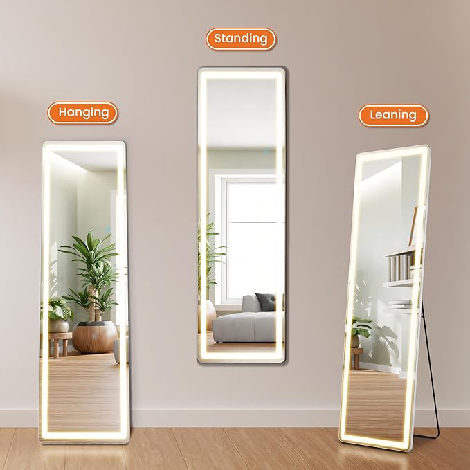 Sweetcrispy Full Length Mirror with LED Lights, 60"x16" Lighted Floor Mirror with Dimming & 3 Color Lighting, Stand for Bedroom, Dressing Room, Rectangle