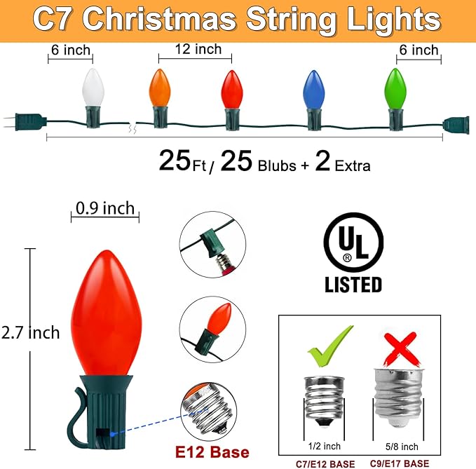C7 Christmas Lights, 25Ft Ceramic Vintage Christmas Lights with 25 Multicolor C7 Bulbs, Hanging Outdoor Christmas Lights for Christmas Tree Party Backyard Wedding Party Decor- Green Wire