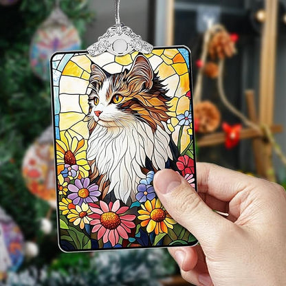 Cat in Flowers Stained Glass Ornament, 2025 Christmas Tree Hanging Decoration for Gift Exchange or Stocking Stuffer, Holiday Decor, 3.8 x 2.4 Inch