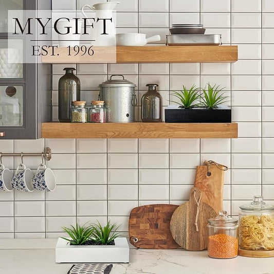 MyGift 10 Inch Artificial Grass Fake Plants in White Rectangular Wood Planter - Faux Plants Indoor for Tabletop Centerpiece Décor