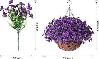 Artificial Fake Hanging Plants Flowers Basket for Outdoors Spring Summer Decoration, Silk Purple Morning Glory Eucalyptus UV Sun Resistant Realistic Faux Flowers for Outside Porch Patio Balcony Home