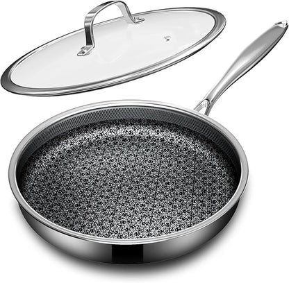 Non Stick Frying Pans with lid, 12 inch Hybrid Frying Pans Nonstick, non stick Stainless Steel Skillets, Dishwasher and Oven-Safe, nonStick Cookware, Induction Compatible Cooking Pan