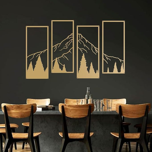 ruelen 4 Pcs Metal Mountain and Forest Wall Decorations Line Drawing Wall Art Minimalist Wall Decor Rustic Nature Home Wall Art Sculpture for Home Bedroom Bathroom Office Living Room (Gold, Large)
