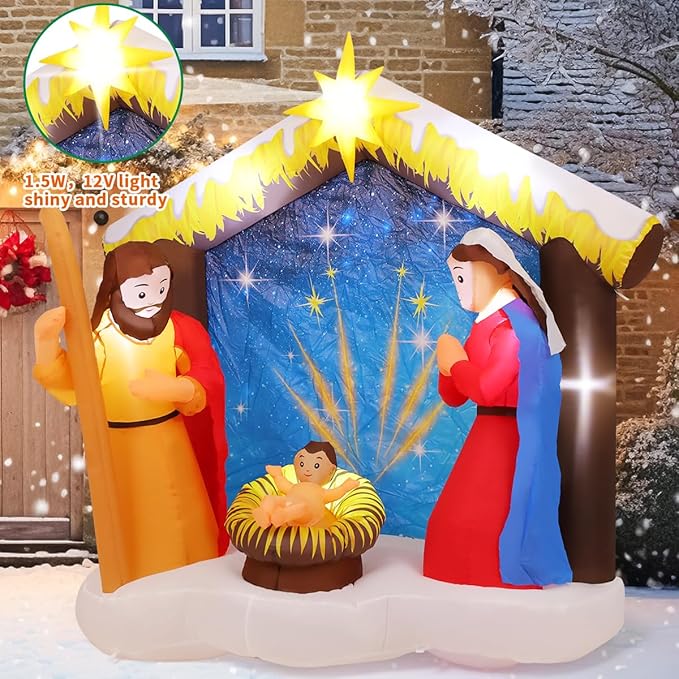 COMIN 5.9 FT Christmas Inflatables Outdoor Decorations Inflatable Nativity Scene Joy Jesus Blow Ups with Built-in LEDs for Yard Party Lawn Decor