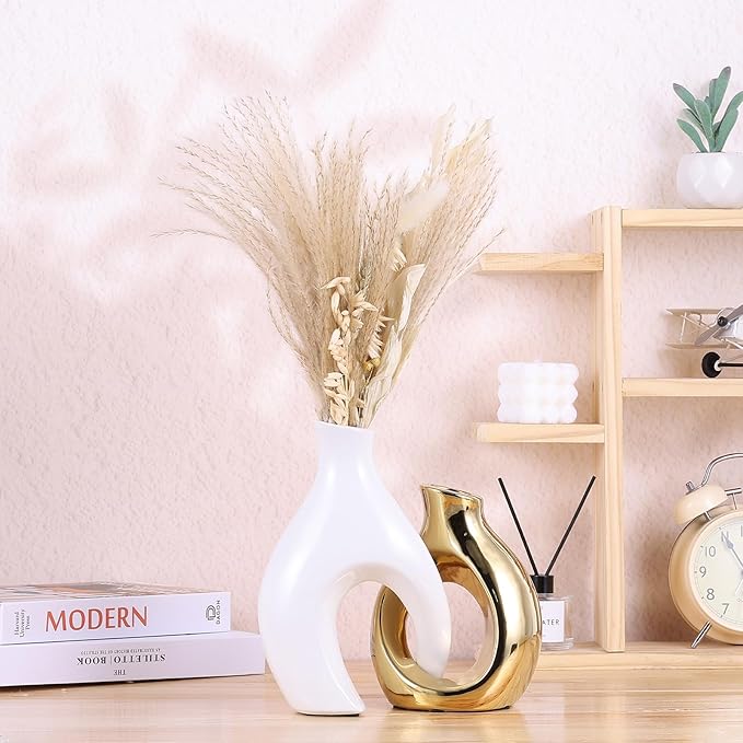 Ceramic Decorative Vases 2 Piece Set, Bohemian Style Openwork White and Gold Decorative Vases, Home Decor Aesthetics for Kitchen Cabinets, Office, Bedroom, Dresser, Entryway Table Decor.