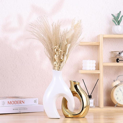 Ceramic Decorative Vases 2 Piece Set, Bohemian Style Openwork White and Gold Decorative Vases, Home Decor Aesthetics for Kitchen Cabinets, Office, Bedroom, Dresser, Entryway Table Decor.