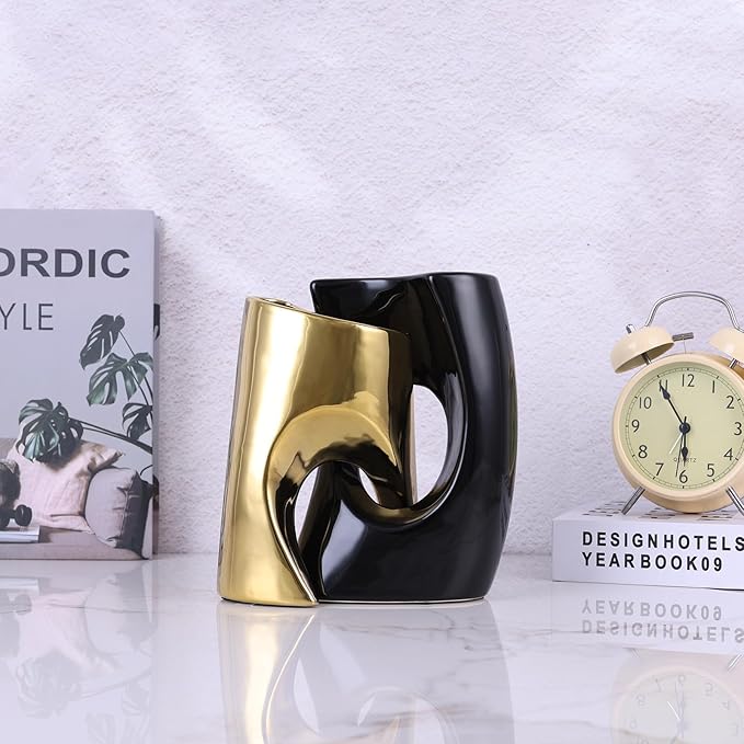 Black and Gold Vase Set of 2, Nordic Modern Ins Style Vases, Boho Ceramic Vases for Centerpieces, Mid Century Abstract Donut Vase, Unique Funky Vase for Wedding, Decorative Pampas Grass Vase Decor