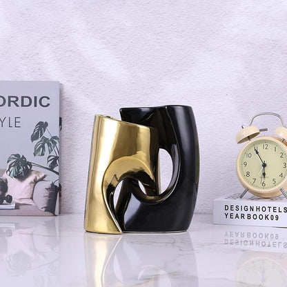Black and Gold Vase Set of 2, Nordic Modern Ins Style Vases, Boho Ceramic Vases for Centerpieces, Mid Century Abstract Donut Vase, Unique Funky Vase for Wedding, Decorative Pampas Grass Vase Decor