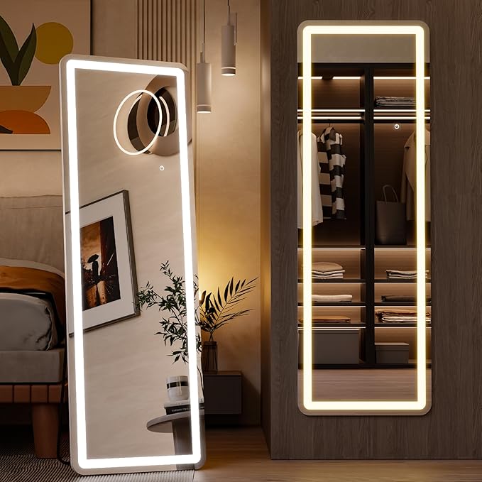 Sweetcrispy Full Length Mirror with LED Lights, 60"x16" Lighted Floor Mirror with Dimming & 3 Color Lighting, Stand for Bedroom, Dressing Room, Rectangle