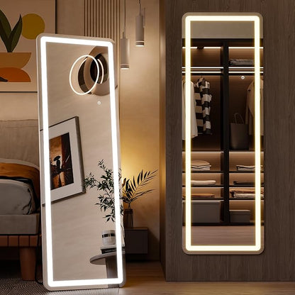 Sweetcrispy Full Length Mirror with LED Lights, 60"x16" Lighted Floor Mirror with Dimming & 3 Color Lighting, Stand for Bedroom, Dressing Room, Rectangle