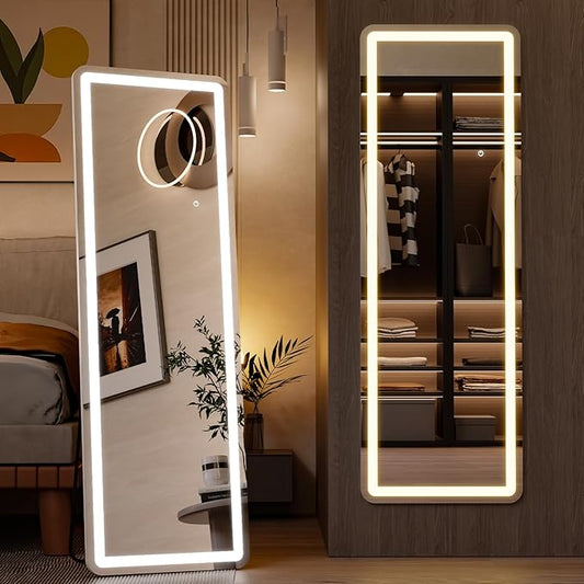 Sweetcrispy Full Length Mirror with LED Lights, 60"x16" Lighted Floor Mirror with Dimming & 3 Color Lighting, Stand for Bedroom, Dressing Room, Rectangle