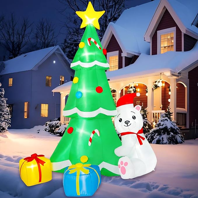 8FT Inflatable Tree Christmas Decorations Outdoor, Christmas Inflatables Polar Bear Holding Christmas Tree Built-in LEDs Blow Up Yard Decorations for Christmas Decor Garden Lawn Holiday Party