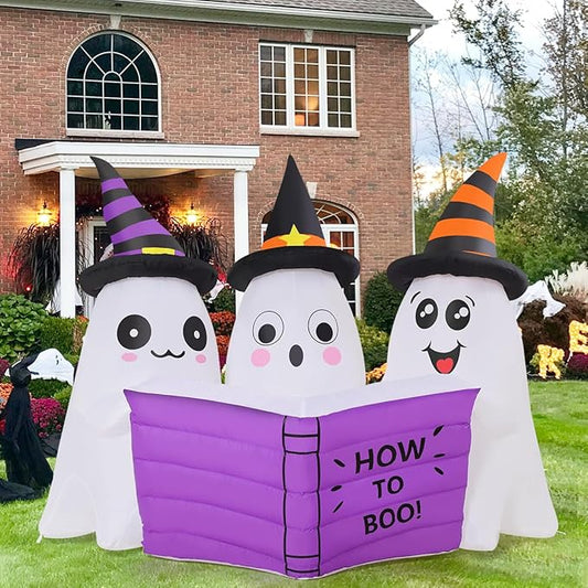 GOOSH 5.2FT Long Halloween Inflatables Ghost Outdoor Decoration Blow Up Yard Cute Ghosts Reading Book with Built-in LEDs for Indoor Party Garden Lawn Holiday Decor
