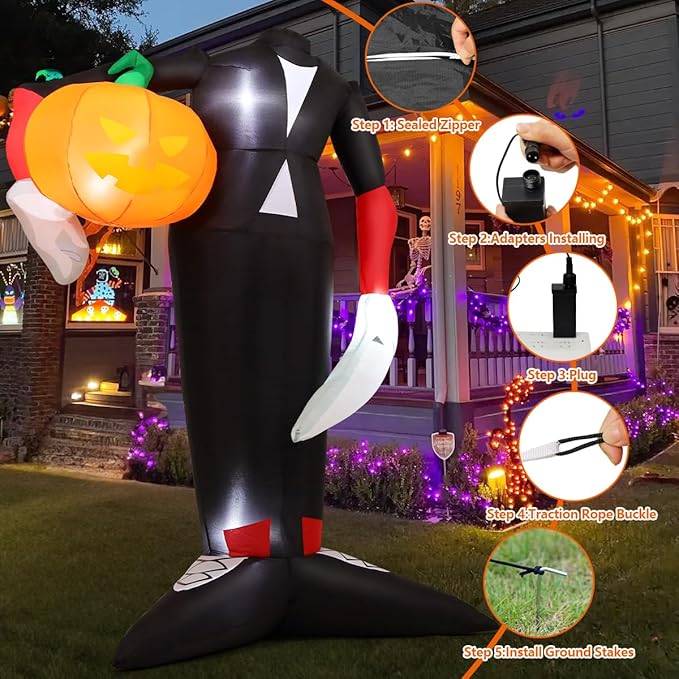 COMIN 6.6 FT Tall Halloween Inflatables Pumpkin Headless Killer Outdoor Decoration Blow Up Holding Pumpkin Inflatable with Built-in LED Lights for Halloween Party Front Door Window Garden Decor